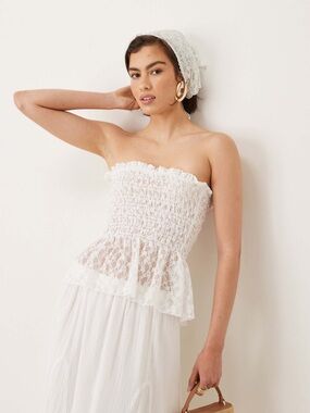 ASOS White Shirred Lace Bandeau Top | Size 8 | Romantic Peplum